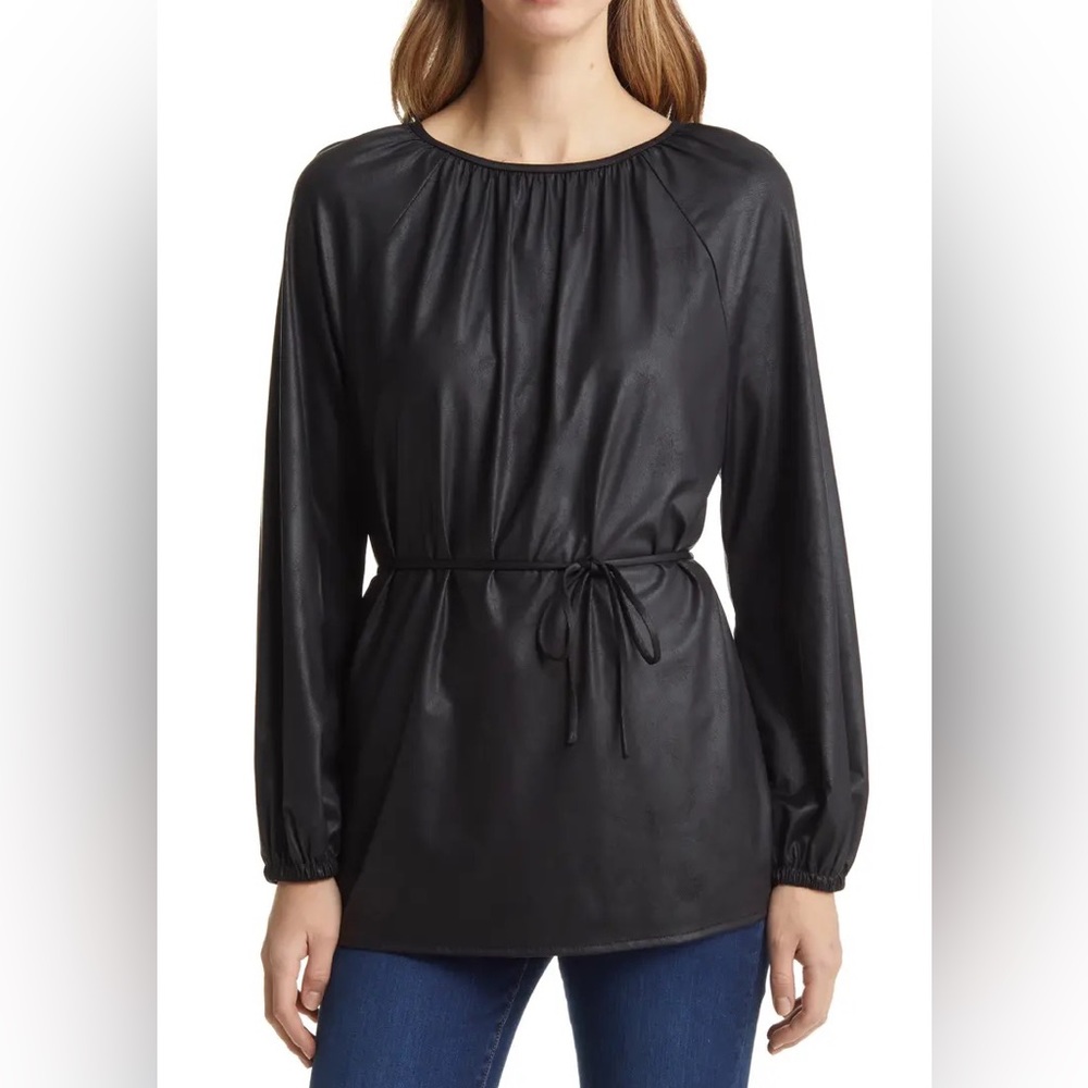Halogen Faux Leather Tie Waist Top